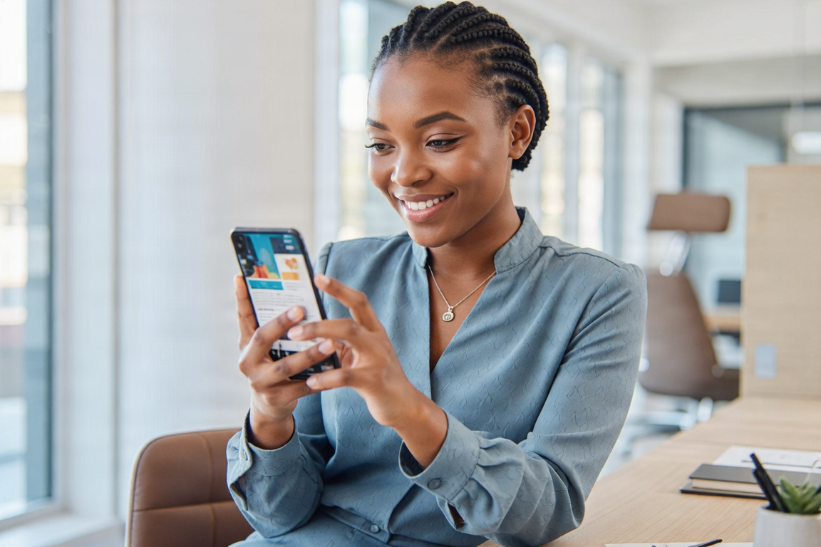 Une jeune professionnelle africaine souriante utilisant son smartphone pour suivre une formation en ligne, environnement de travail moderne et lumineux.