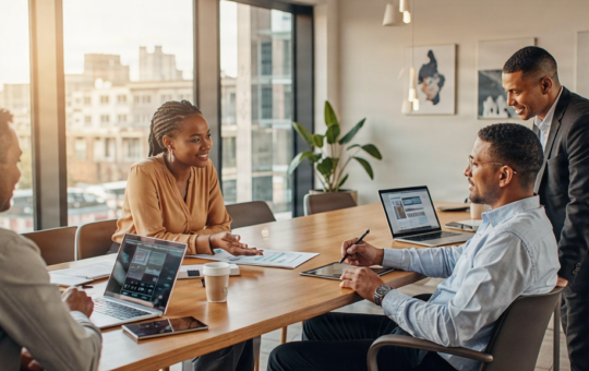 Professionnels africains travaillant dans un bureau moderne et lumineux, ambiance encourageante.